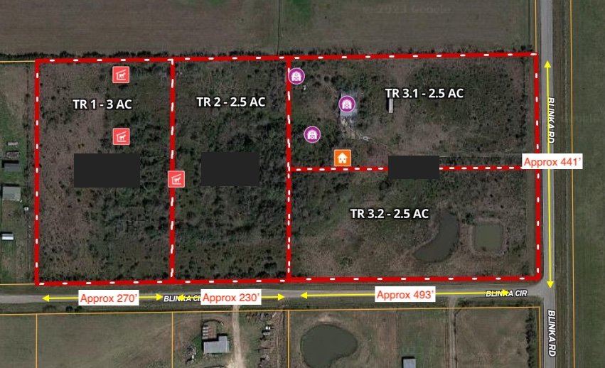 Blinka Road aerial diagram showing four differently sized parcels beside Blinka Road and Blinka Circle.