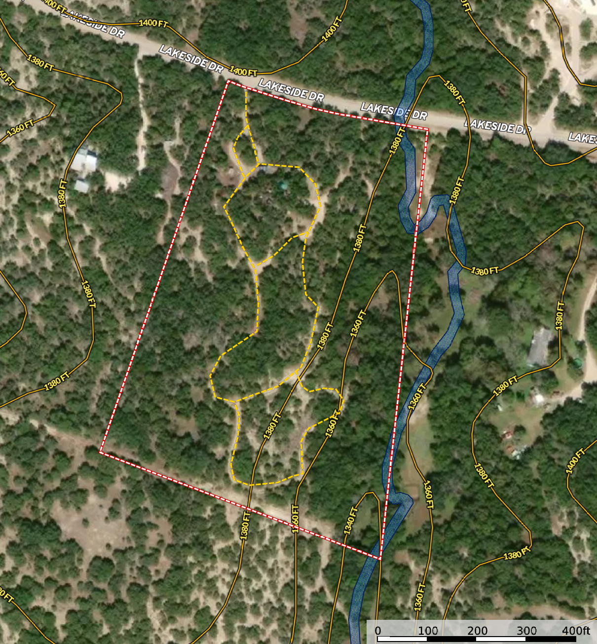 Aerial property diagram of the Wimberley tract beside Lakeside Drive.