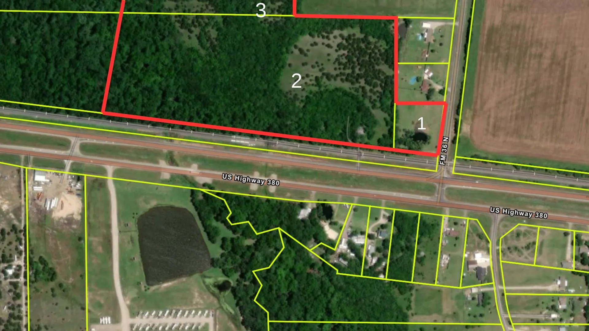 Hunt County aerial diagram with three numbered parcels beside US Highway 380 and FM 36.